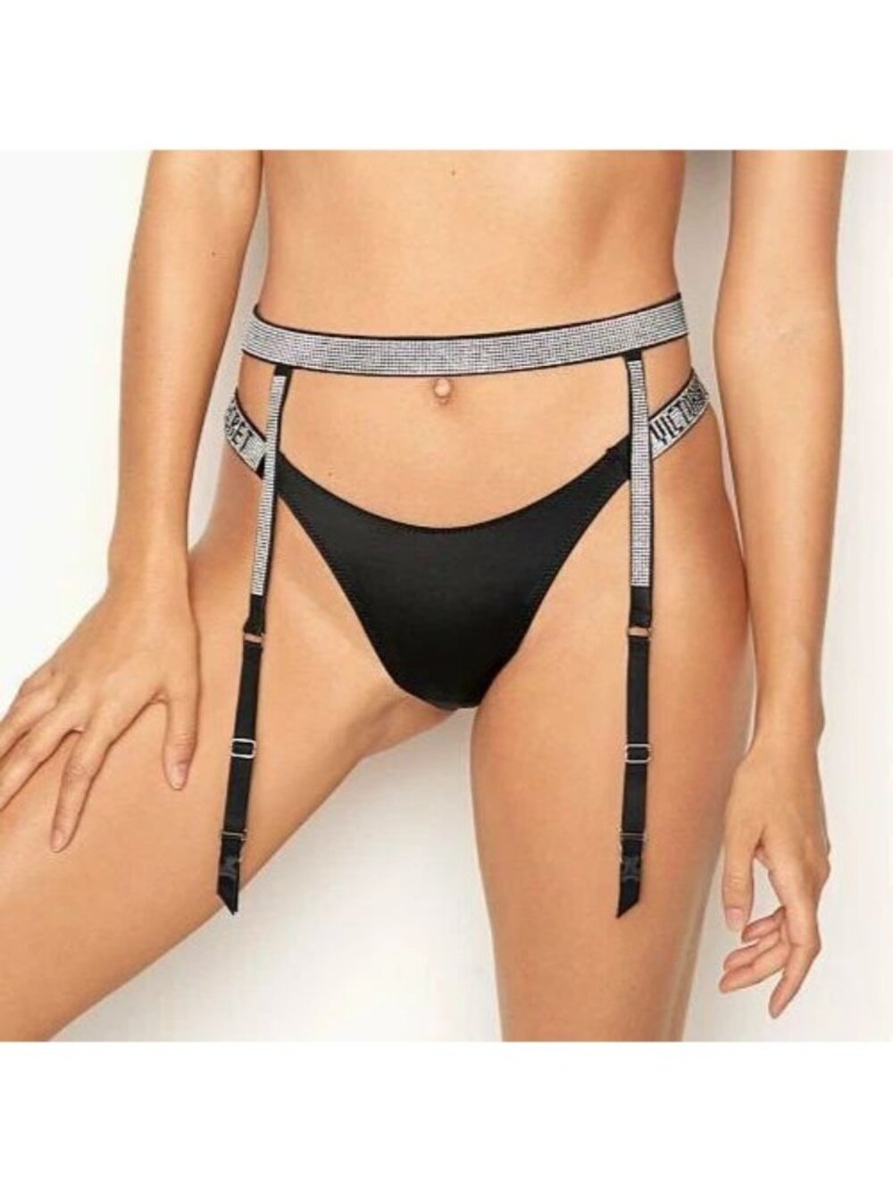 Victoria's Secret Very Sexy Shine Strap Garter Belt Rhinestone Bling XS/S Black